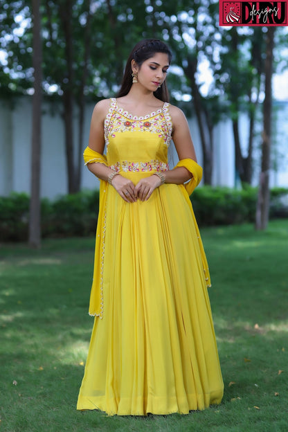 Stylish yellow long dress - Dhru Boutique and Fabrics